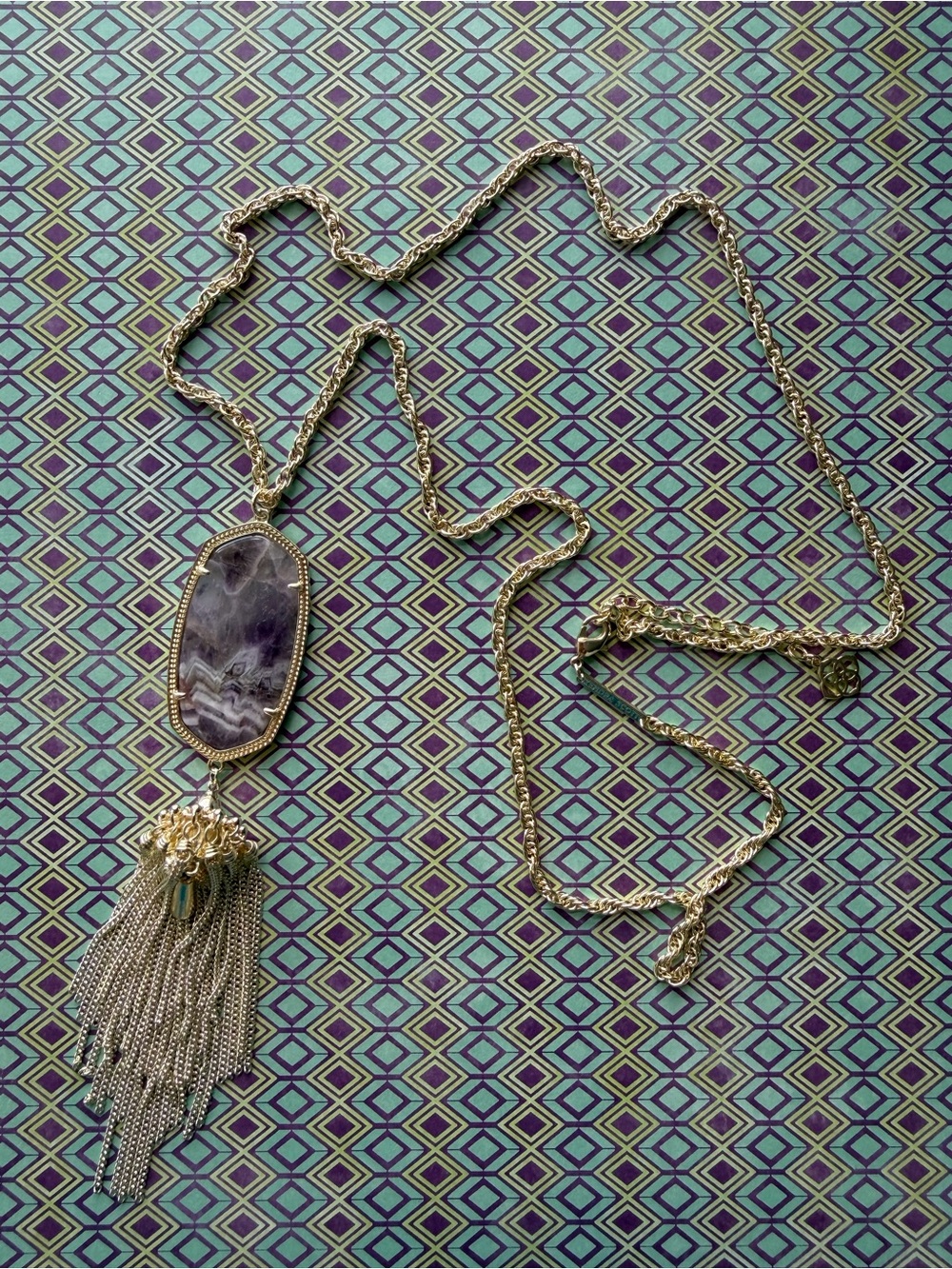 Kendra Scott Gold Tassel Necklace with Purple Agate Pendant